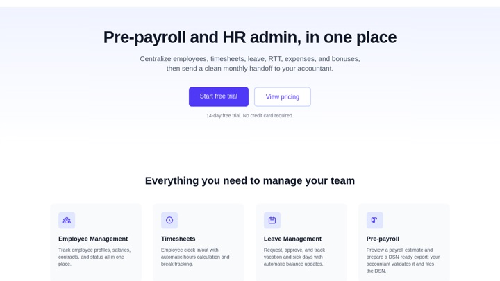Nomi — Pre-payroll and HR admin, finally together. Employees, time, leave, expenses — one clean handoff to your accountant.