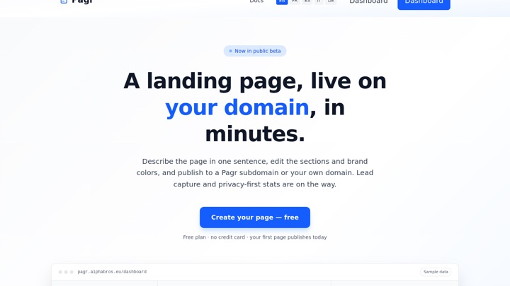 Pagr — A landing page, live on your domain, in minutes. Describe it in one sentence, edit, publish.