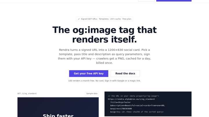 Rendra — The og:image tag that renders itself. Signed template URLs; crawlers get a PNG.